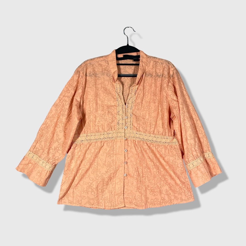 Atlast Classics Lace Trim Blouse Women L Peach Floral Boho Peasant Cottagecore